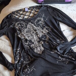 Elegant Black Embellished Long Sleeve Top